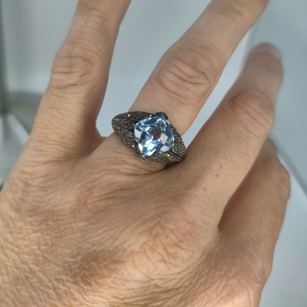 Judith Jack Ring Sterling Silver Marcasite Blue Topaz Size 7 3/4